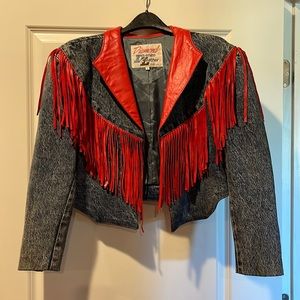 Vintage denim jacket with red fringe